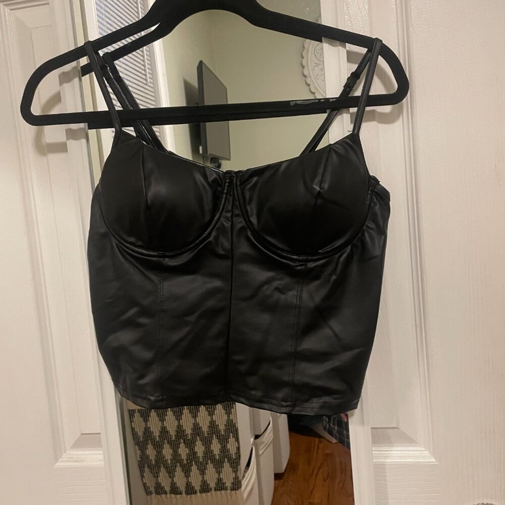 Black Leather- Like Corset Top